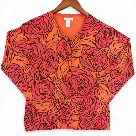 Harold's Sweater Womens Sz L Orange Red Floral Silk Blend Button Up Cardigan - Picture 1 of 9